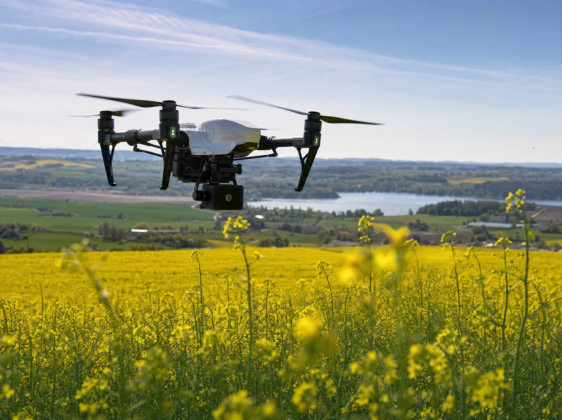 Dron mapujący w locie nad kwitnącym łanem rzepaku