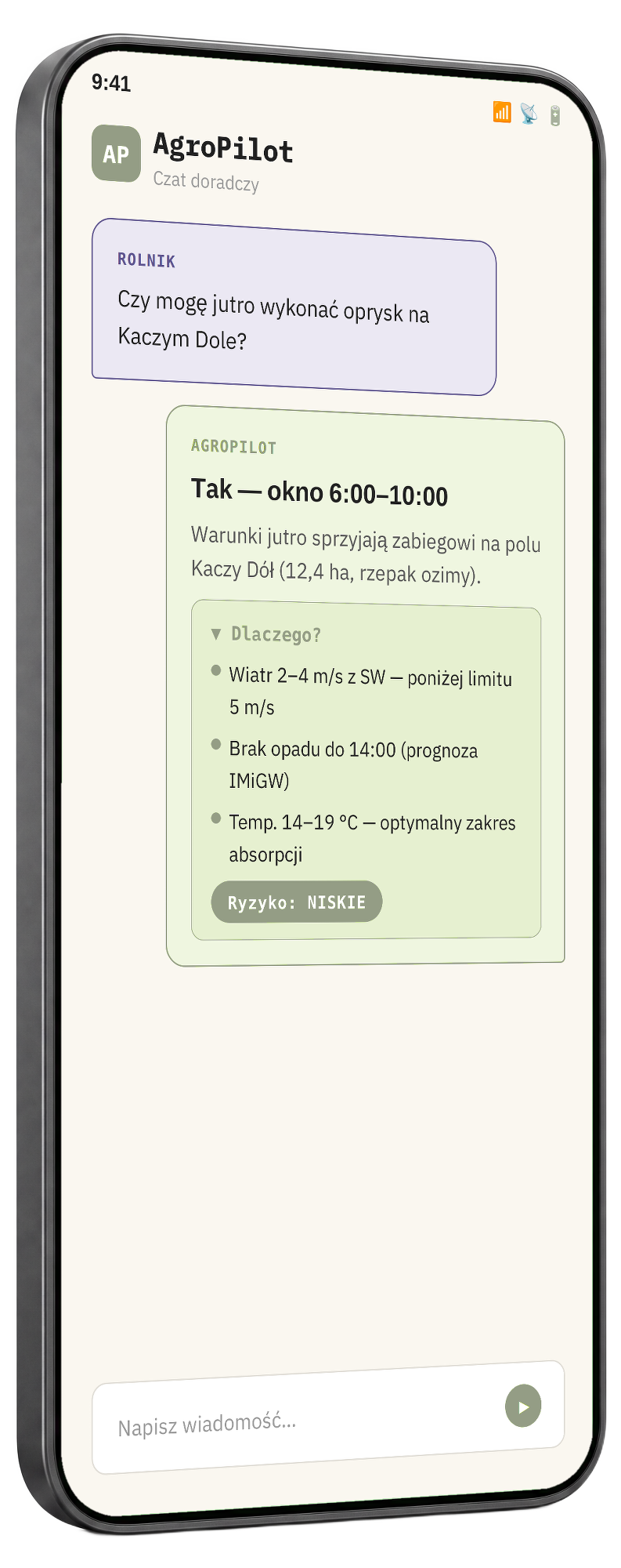 Ekran czatu doradczego AI z wyjaśnieniem rekomendacji