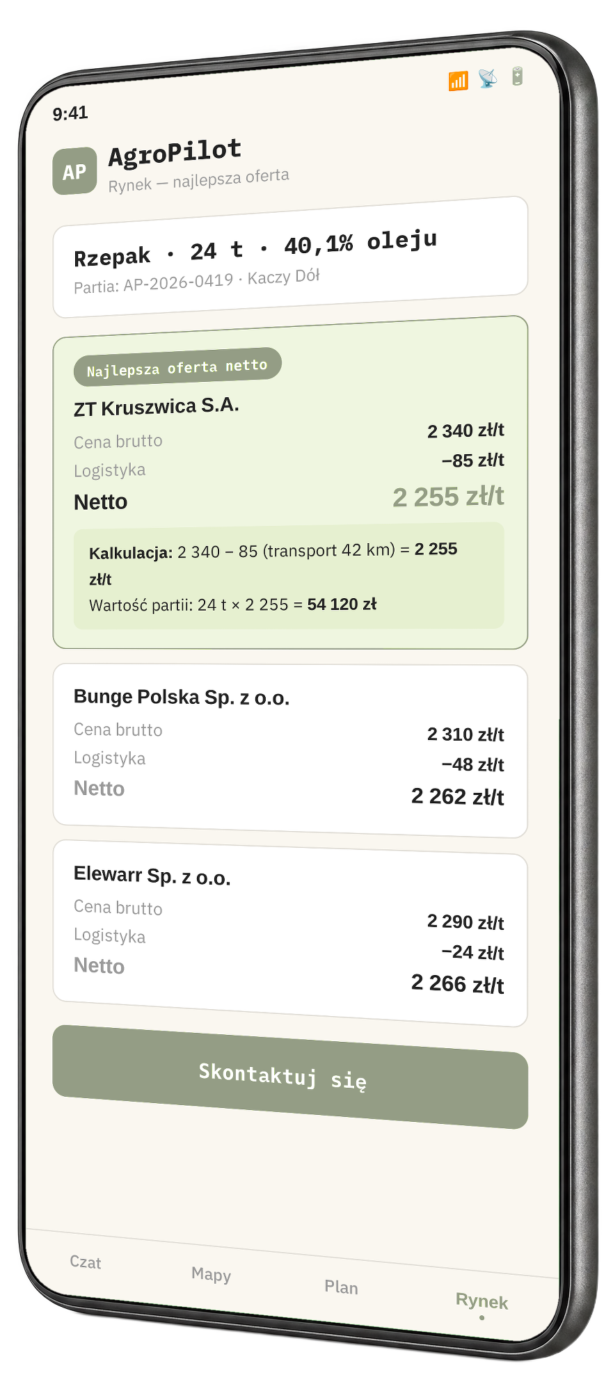 Ekran modułu rynku z rekomendacją najlepszej oferty netto
