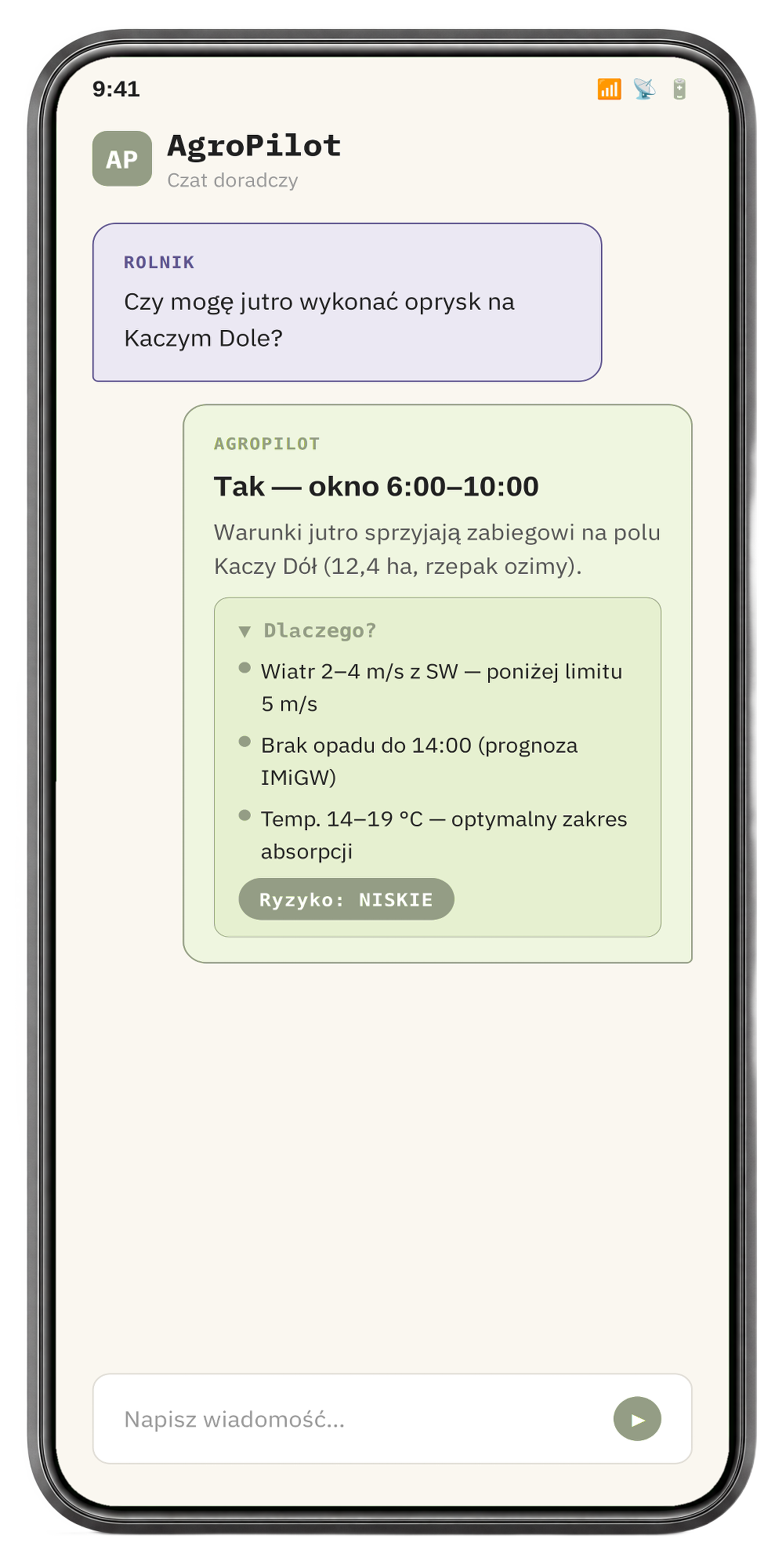 Telefon z otwartym czatem doradczym aplikacji AgroPilot